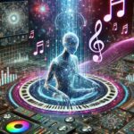 digital avatar in a sim world surrounded by music symbology